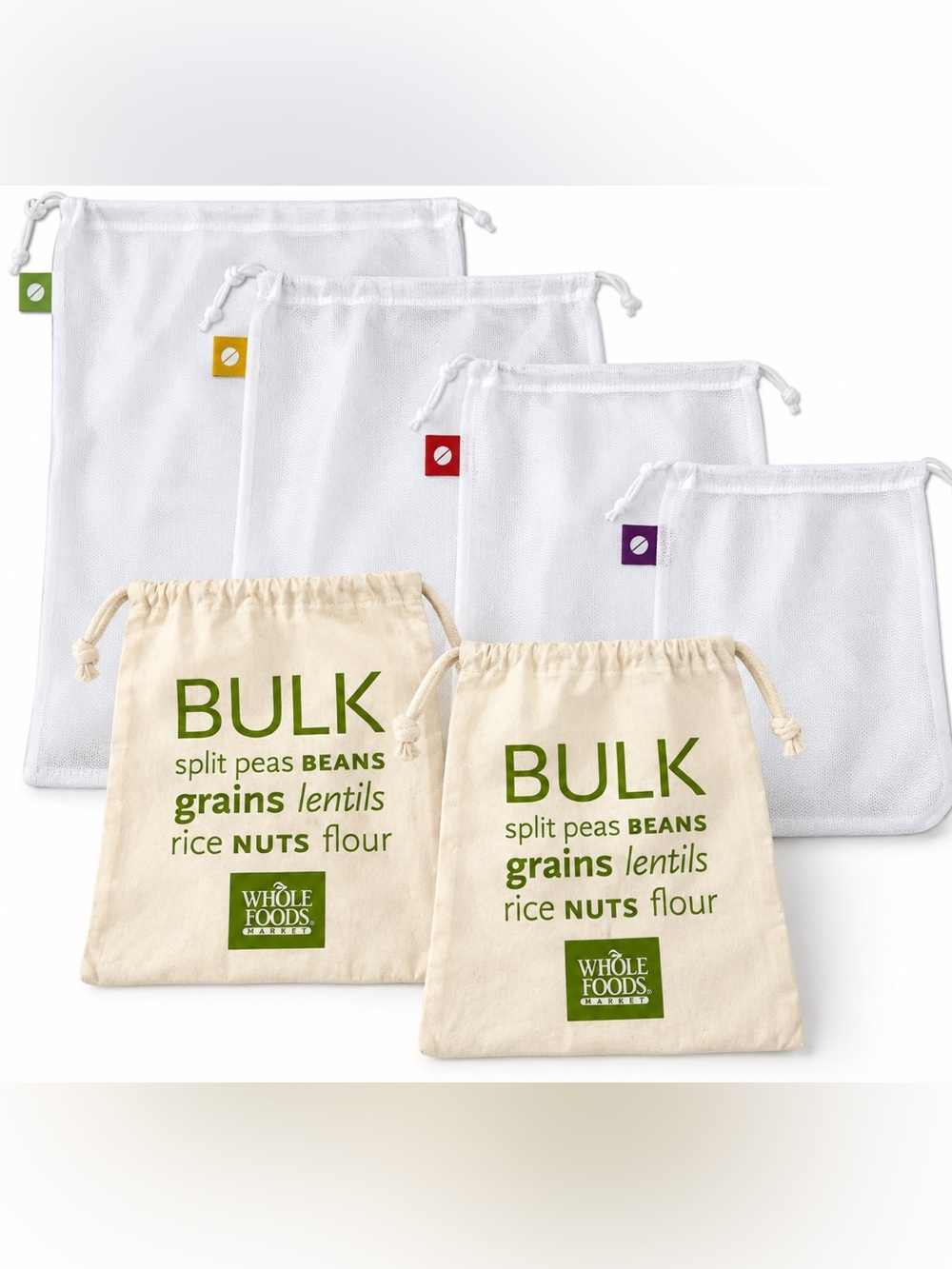 Whole Foods Reusable Produce Bags Set of 6 Mesh + Cotton Bulk Grain Bags